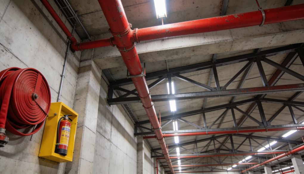 Red de rociadores y equipos de protección contra incendios instalados en nave industrial con tuberías rojas y extintores