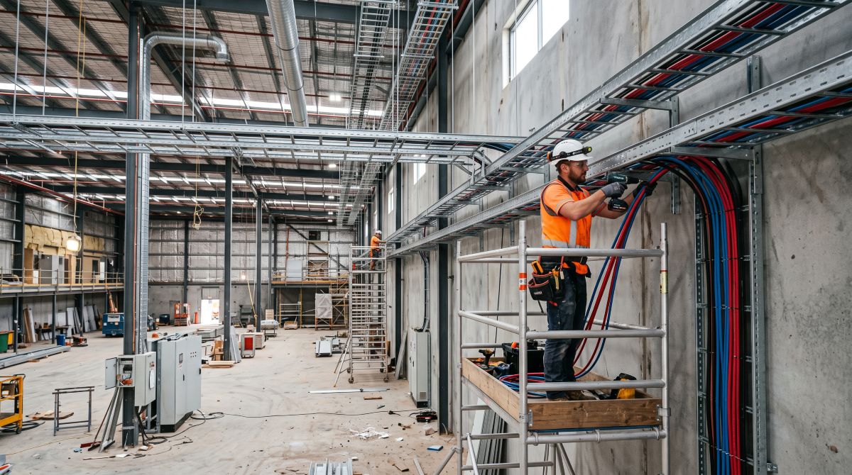 Instalación eléctrica en nave industrial, bandejas y canalizaciones